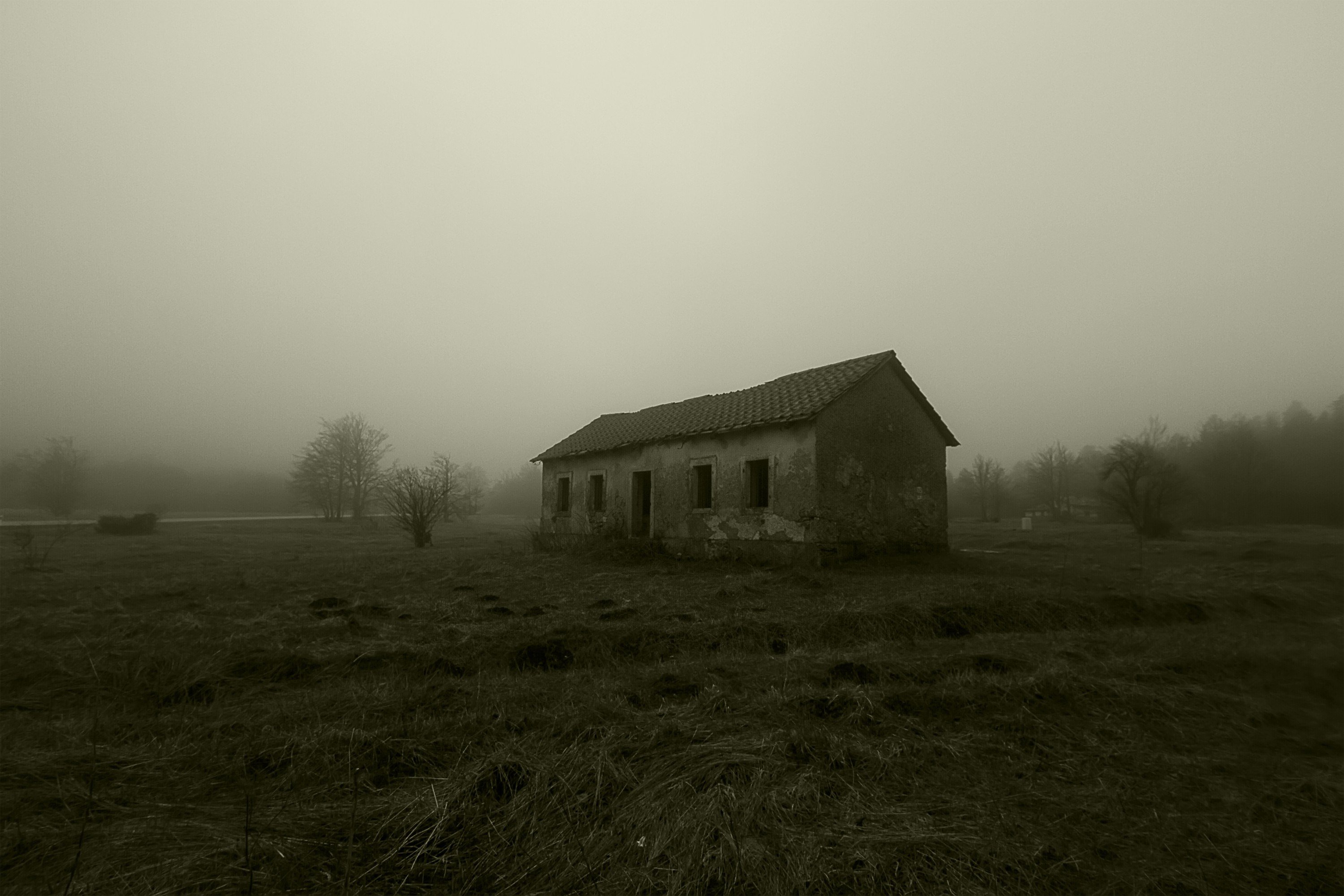 Одинокий холм. Заброшенный дом в поле. Заброшенная местность. Заброшенная деревня в тумане. Жуткая деревня.
